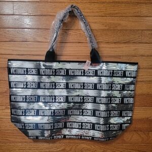 Victorias secret black and silver sequin tote bag NWT